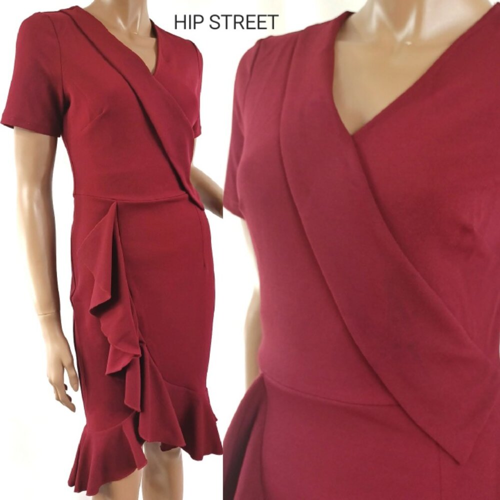 MIUSOL Dress SS Cascade Ruffle Hem Stretch Crepe S